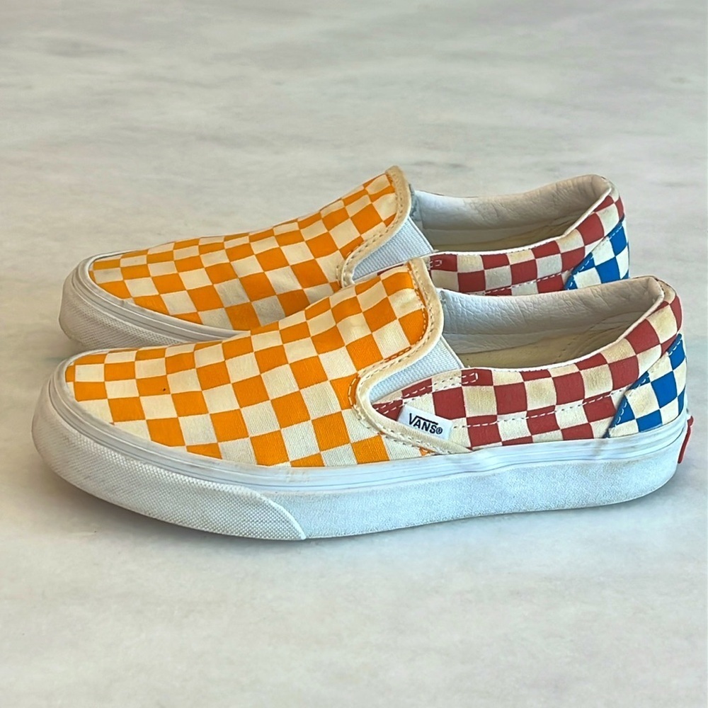Van's Multicolor Checkered Slip-On Shoes Sneakers Orange Blue Red Women's Sz 7.5